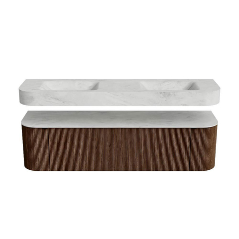 MONDIAZ THOR-DLUX 170cm meuble de salle de bains arrondi gauche + droite couleur Walnut avec 1 tiroir et 2 portes. Vasque suspendue CLOUD Double sans trou de robinet couleur Opalo. SW1465586