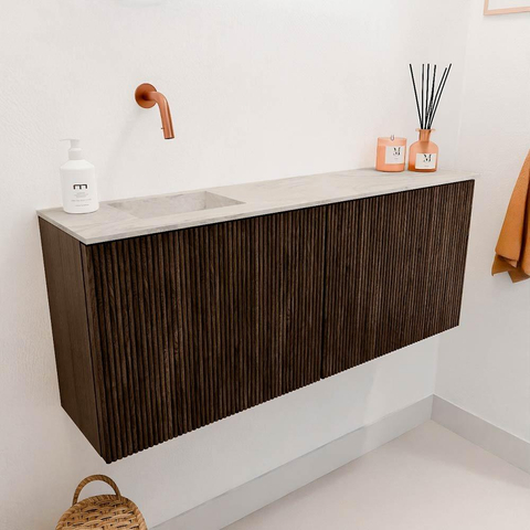 Mondiaz JOYA-DLUX 100cm toiletmeubel - kleur Walnut - Wastafel FAYE positie Links Zonder kraangat kleur Ostra. SW1422629