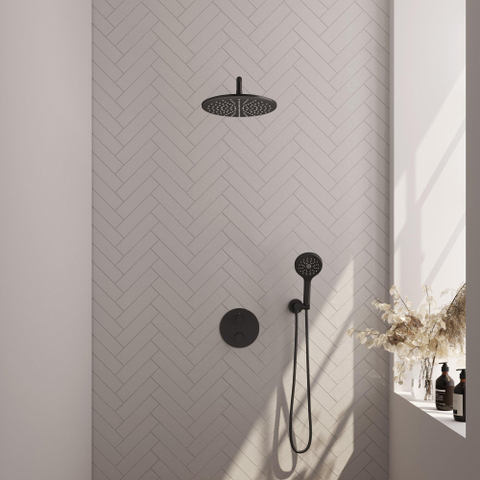 BRAUER Black Edition ensemble de douche pluie encastré – douche de tête Ø 30 cm – bras mural courbé 30 cm – douchette ronde – 3 voies SW1159226