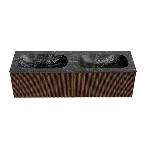 MONDIAZ KURVE-DLUX Meuble de salle de bains 150 cm couleur Walnut avec 2 tiroirs. Lavabo STOR SMALL double 2 trous de robinet couleur Lava. SW1137321