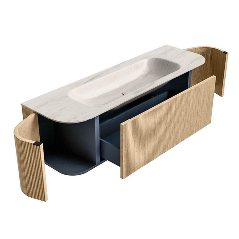 MONDIAZ KURVE-DLUX meuble de salle de bains 150cm arrondi gauche + droite couleur Oak avec 1 tiroir et 2 portes. Lavabo BIG MEDIUM milieu 1 trou de robinet Meli. SW1431598