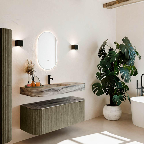 MONDIAZ THOR-DLUX 120cm meuble de salle de bains arrondi gauche + droite couleur Shadow avec 1 tiroir et 2 portes. Vasque suspendue CLOUD Milieu 1 trou de robinet couleur Sombra. SW1463656
