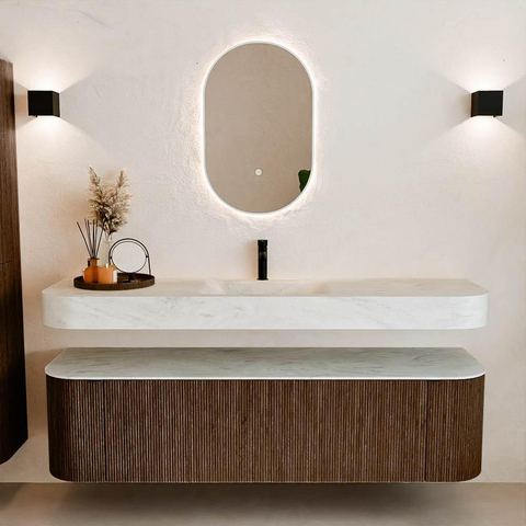 MONDIAZ THOR-DLUX 170cm meuble de salle de bains arrondi gauche + droite couleur Walnut avec 1 tiroir et 2 portes. Vasque suspendue CLOUD Milieu 1 trou de robinet couleur Opalo. SW1465593