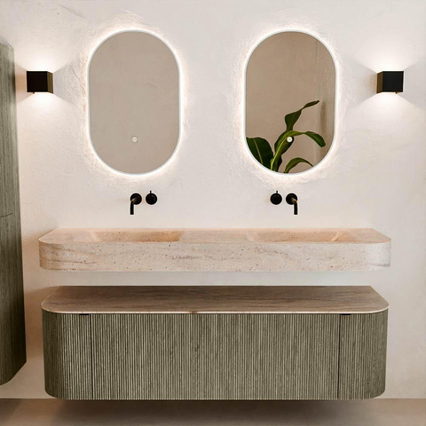 MONDIAZ THOR-DLUX 160cm meuble de salle de bains arrondi gauche + droite couleur Shadow avec 1 tiroir et 2 portes. Vasque suspendue CLOUD Double sans trou de robinet couleur Saba. SW1465359