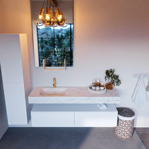 Mondiaz ALAN-DLUX Ensemble de meuble - 150cm - meuble Talc mat - 2 tiroirs - Lavabo Cloud Opalo suspendu - vasque Gauche - 1 trou de robinet SW806467