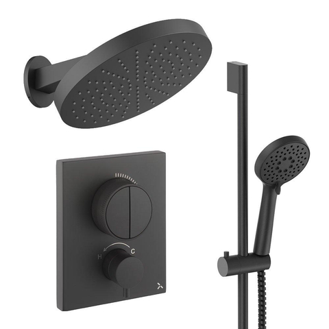 Crosswater MPRO ensemble de douche pluie encastré – douche de tête Ø 30 cm – bras mural courbé 20.2 cm – barre de douche 69.8 cm – noir mat SW1472725