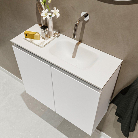 MONDIAZ TURE Fonteinset - 60x23x50cm - 0 kraangaten - 2 deuren - talc mat - Wasbak rechts - Solid Surface Wit SW474869