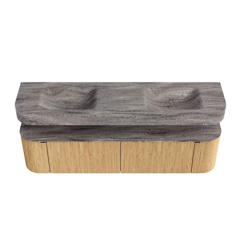 MONDIAZ THOR-DLUX 180cm badmeubel ronding links + rechts kleur Oak met 2 lades en 2 deuren. Vrijhangende wastafel CLOUD Dubbel zonder kraangat kleur Oza. SW1466295