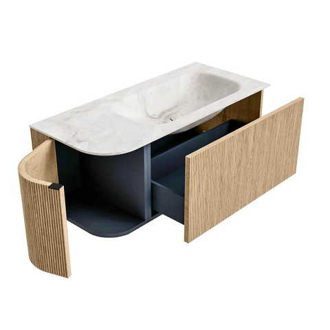 MONDIAZ KURVE-DLUX 105cm badmeubel met module 25 L kleur Oak met 1 lade en 1 deur. Wastafel BIG SMALL rechts zonder kraangat kleur Frappe. SW1137340