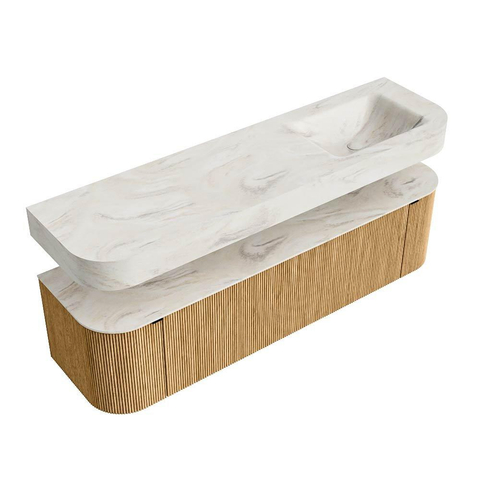 MONDIAZ THOR-DLUX 170cm badmeubel ronding links + rechts kleur Oak met 1 lade en 2 deuren. Vrijhangende wastafel CLOUD Rechts zonder kraangat kleur Ostra. SW1465556