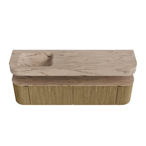 MONDIAZ THOR-DLUX 180cm meuble de salle de bains arrondi gauche + droite couleur Dusk avec 2 tiroirs et 2 portes. Vasque suspendue CLOUD Gauche 1 trou de robinet couleur Arena. SW1466126