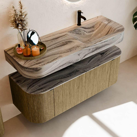 MONDIAZ THOR-DLUX 130cm meuble de salle de bains arrondi gauche + droite couleur Dusk avec 1 tiroir et 2 portes. Vasque suspendue CLOUD Droite 1 trou de robinet couleur Sombra. SW1464080