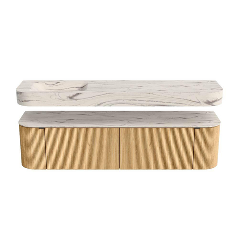 MONDIAZ THOR-DLUX 180cm meuble de salle de bains arrondi gauche + droite couleur Oak avec 2 tiroirs et 2 portes. Vasque suspendue CLOUD Gauche sans trou de robinet couleur Nata. SW1466185