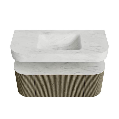 MONDIAZ THOR-DLUX 110cm meuble de salle de bains arrondi gauche + droite couleur Shadow avec 1 tiroir et 2 portes. Vasque suspendue CLOUD Milieu sans trou de robinet couleur Opalo. SW1462909