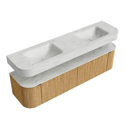 MONDIAZ THOR-DLUX 180cm meuble de salle de bains arrondi gauche + droite couleur Oak avec 2 tiroirs et 2 portes. Vasque suspendue CLOUD Double 2 trous de robinet couleur Opalo. SW1465905