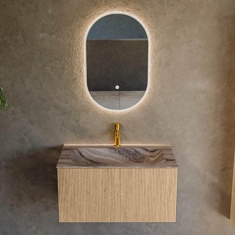 MONDIAZ KURVE-DLUX 80cm badmeubel kleur Oak met 1 lade en 0 deuren. Wastafel BIG SMALL Midden 1 kraangat Sombra. SW1433547
