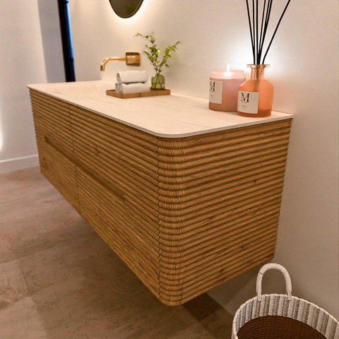 Mondiaz CIRO-DLUX Ensemble de meubles de salle de bains - 140x45x50cm - lavabo en résine minérale Meli - 1 vasque à gauche - sans trous de robinetterie - 4 tiroirs - Chêne SW1531393