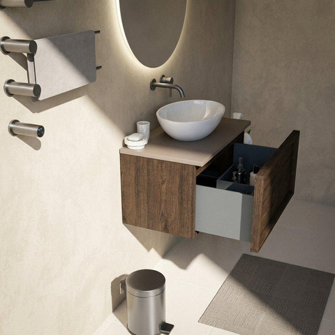 Saniclass Holz Frame Ensemble meuble de salle de bains - 80x45x42.5cm - plan Torino en solid surface blanc - sans trou de robinet - 1 tiroir - chêne charcoal mat (bois) SW1478696