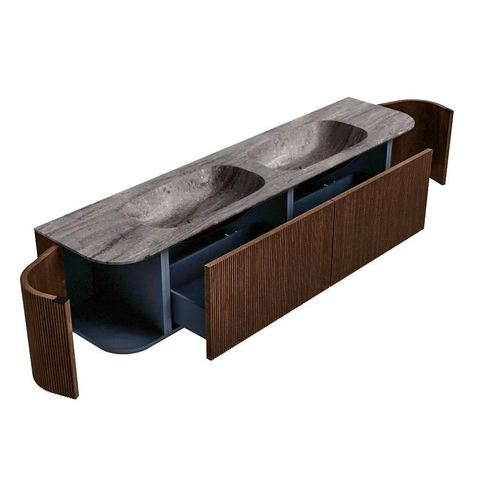 MONDIAZ KURVE-DLUX Meuble de salle de bains 190cm arrondi gauche + droite couleur Walnut avec 2 tiroirs et 2 portes. Lavabo STOR SMALL Double 2 trous de robinet Oza. SW1432479