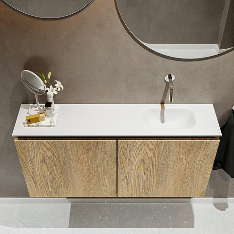 MONDIAZ TURE Fonteinset - 100x23x50cm - 0 kraangaten - 2 deuren - washed oak mat - Wasbak rechts - Solid Surface Wit SW475168