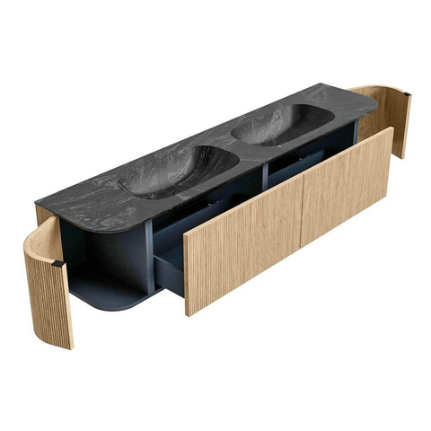 MONDIAZ KURVE-DLUX meuble de salle de bains 200cm avec module 25 Len R couleur Oak avec 2 tiroirs et 2 portes. Plan-vasque STOR SMALL double sans trou de robinet couleur Lava. SW1137191