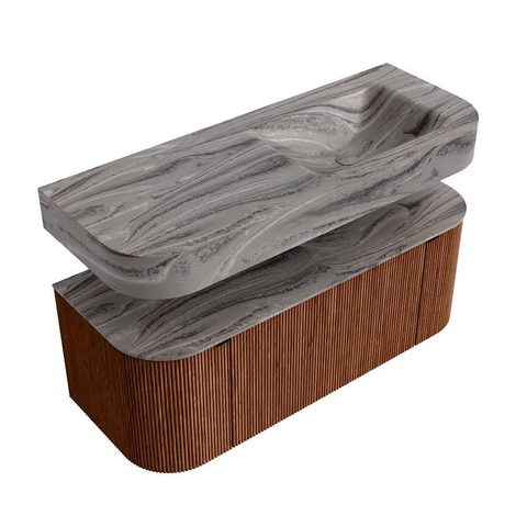 MONDIAZ THOR-DLUX 120cm meuble de salle de bains arrondi gauche + droite couleur Ruby avec 1 tiroir et 2 portes. Vasque suspendue CLOUD Droite sans trou de robinet couleur Sombra. SW1463700