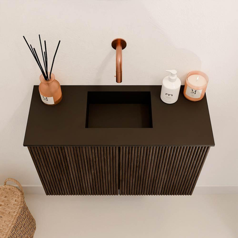 Mondiaz JOYA 60cm meuble de toilette - couleur Walnut - Vasque FAYE position Milieu Sans trou de robinet couleur Urban. SW1421336