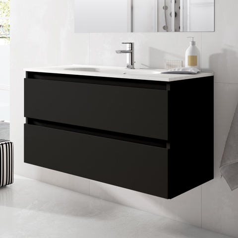 Saniclass Chaci Meuble de salle de bain - 100x45x55cm - lavabo en céramique brillant blanc - 1 vasque - 1 trou de robinet - 2 tiroirs - noir mat SW721292