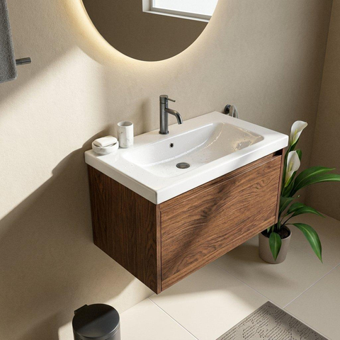 Saniclass Holz Frame Badkamermeubelset - 80x45x43.5cm - Palermo keramische wastafel wit - 1 wasbak - 1 kraangat - 1 lade - mat walnut pure (hout) SW1478599