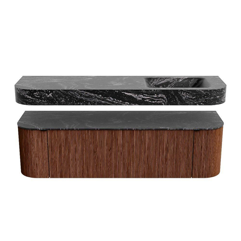 MONDIAZ THOR-DLUX 160cm meuble de salle de bains arrondi gauche + droite couleur Ruby avec 1 tiroir et 2 portes. Vasque suspendue CLOUD Droite 1 trou de robinet couleur Lava. SW1465169
