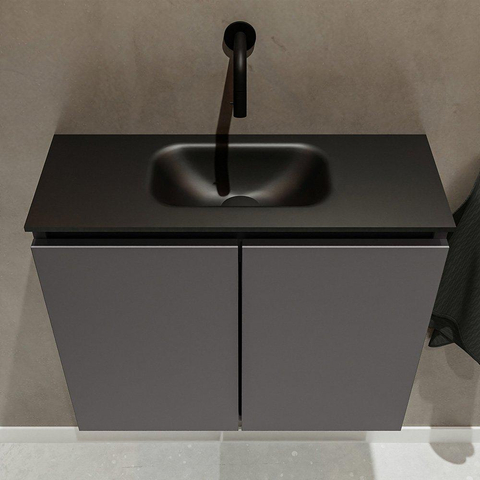 MONDIAZ TURE Fonteinset - 60x23x50cm - 0 kraangaten - 2 deuren - darkgrey mat - Wasbak midden - Solid Surface Zwart SW475277
