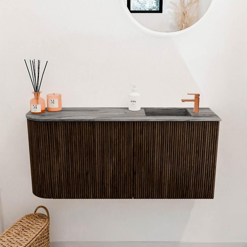 Mondiaz JOYA-DLUX Meuble de toilette 91,6cm - arrondi gauche couleur Walnut - Vasque FAYE position Droite 1 trou de robinet couleur Sombra. SW1424753