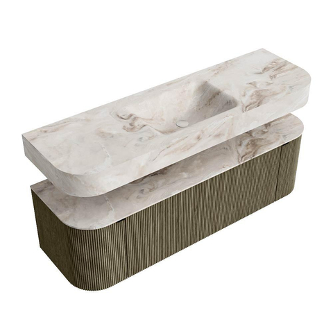 MONDIAZ THOR-DLUX 150cm badmeubel ronding links + rechts kleur Shadow met 1 lade en 2 deuren. Vrijhangende wastafel CLOUD Midden zonder kraangat kleur Frappe. SW1464719