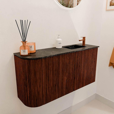 Mondiaz JOYA-DLUX Meuble de toilette 81.6cm - arrondi gauche couleur Ruby - Vasque FAYE position Droite 1 trou de robinet couleur Lava. SW1423642