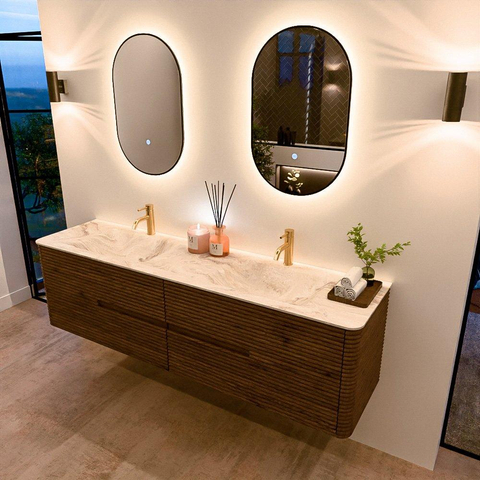 Mondiaz CIRO-DLUX Badkamermeubelset - 180x45x50cm - Solid surface wastafel Frappe - 2 wasbak Dubbel - 2 kraangaten - 4 lades - Dusk SW1532853
