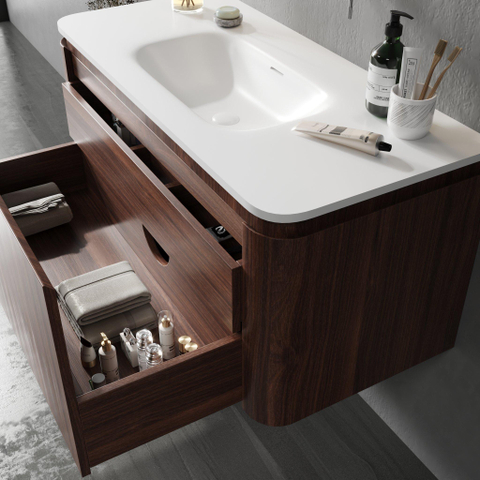 Royal Plaza Terra Badkamermeubelset - 100x46.2x46cm - solid surface wastafel wit mat - 1 wasbak - zonder kraangat - 2 lades - kastanje (walnoot) SW1447024