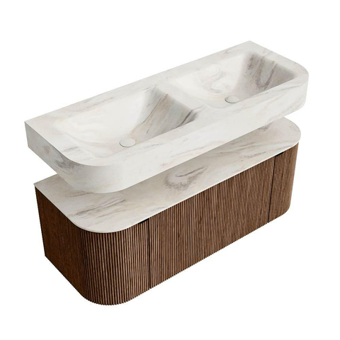 MONDIAZ THOR-DLUX 120cm badmeubel ronding links + rechts kleur Walnut met 1 lade en 2 deuren. Vrijhangende wastafel CLOUD Dubbel 2 kraangaten kleur Ostra. SW1463230