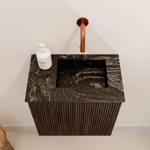 Mondiaz JOYA-DLUX 40cm toiletmeubel - kleur Walnut - Wastafel FAYE positie Rechts Zonder kraangat kleur Lava. SW1422412