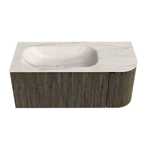 MONDIAZ KURVE-DLUX Meuble de salle de bains 105cm arrondi à droite couleur Shadow avec 1 tiroir et 1 porte. Lavabo BIG SMALL gauche 1 trou de robinet Meli. SW1431798