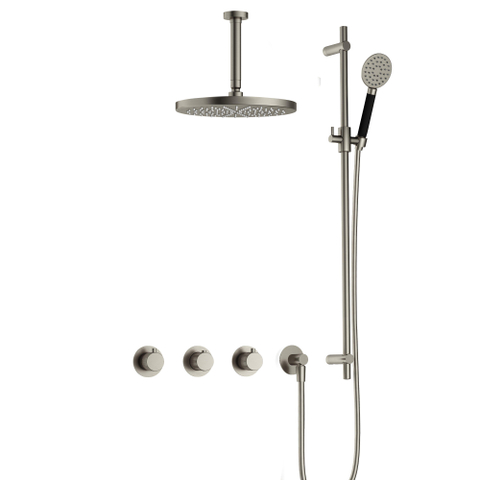 Hotbath Cobber X IBSX70 Regendoucheset inbouw - hoofddouche 30cm - plafondarm 15cm - glijstang - handdouche rond 3 standen - geborsteld nikkel SW678059