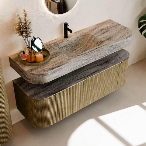 MONDIAZ THOR-DLUX Meuble de salle de bains 140cm arrondi gauche + droite couleur Dusk avec 1 tiroir et 2 portes. Vasque suspendue CLOUD Milieu 1 trou de robinet couleur Oza. SW1464278