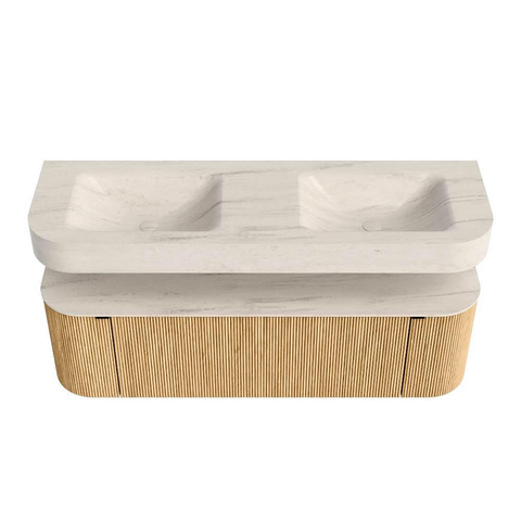 MONDIAZ THOR-DLUX 150cm meuble de salle de bains arrondi gauche + droite couleur Chêne avec 1 tiroir et 2 portes. Vasque suspendue CLOUD Double 2 trous de robinet couleur Meli. SW1464741
