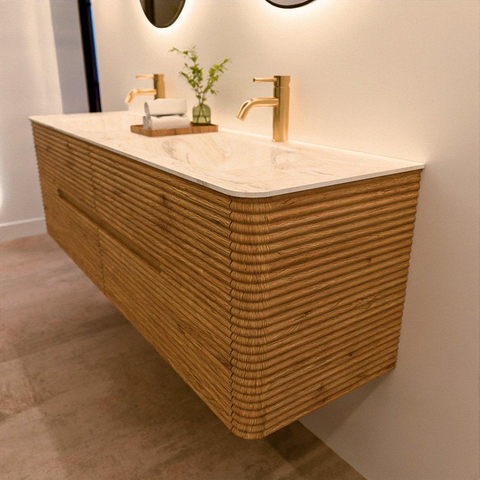 Mondiaz CIRO-DLUX Ensemble de meubles de salle de bains - 160x45x50cm - Plan vasque solid surface Ostra - 2 vasques double - 2 trous de robinetterie - 4 tiroirs - Chêne SW1530940