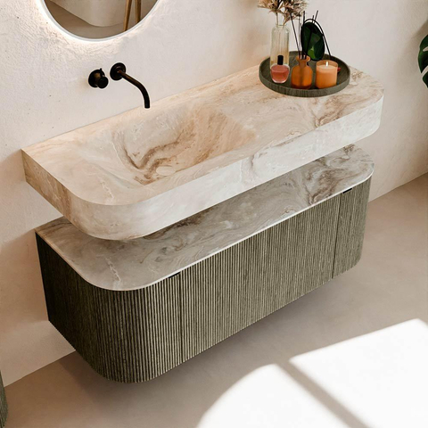 MONDIAZ THOR-DLUX 120cm meuble de salle de bains arrondi gauche + droite couleur Shadow avec 1 tiroir et 2 portes. Vasque suspendue CLOUD Gauche sans trou de robinet couleur Frappe. SW1463150