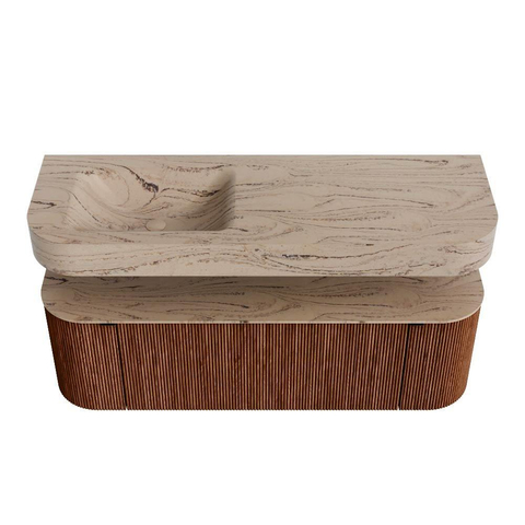 MONDIAZ THOR-DLUX Meuble de salle de bains - 140cm - arrondi gauche + droite - couleur Ruby - 1 tiroir - 2 portes - Vasque suspendue CLOUD Gauche 1 trou de robinet - couleur Arena SW1464363