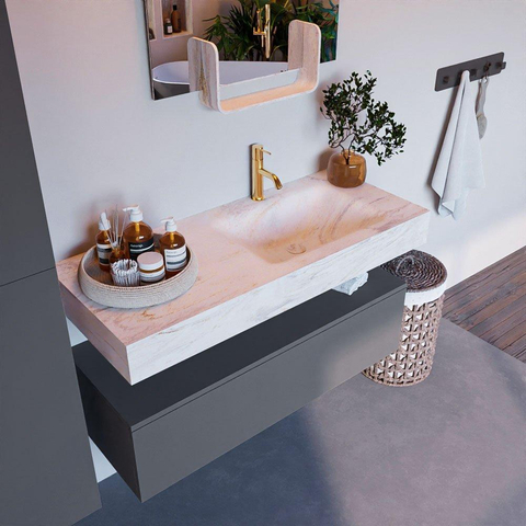 Mondiaz ALAN-DLUX Ensemble de meuble - 110cm - meuble - Plata mat - 1 tiroir - Lavabo Cloud Ostra suspendu - vasque droite - 1 trou de robinet - Beige SW807811