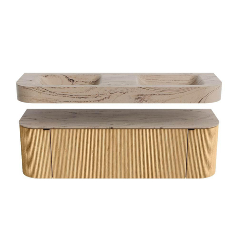 MONDIAZ THOR-DLUX 150cm badmeubel ronding links + rechts kleur Oak met 1 lade en 2 deuren. Vrijhangende wastafel CLOUD Dubbel 2 kraangaten kleur Arena. SW1464725