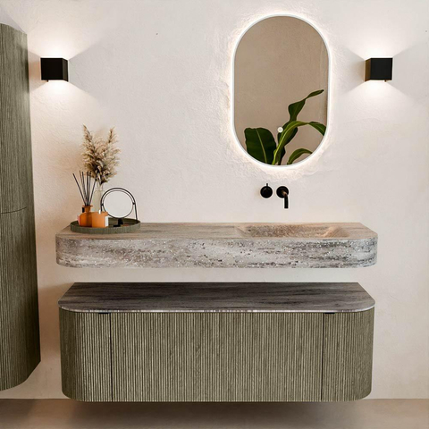 MONDIAZ THOR-DLUX 140cm meuble de salle de bains arrondi gauche + droite couleur Shadow avec 1 tiroir et 2 portes. Vasque suspendue CLOUD Droite sans trou de robinet couleur Oza. SW1464298