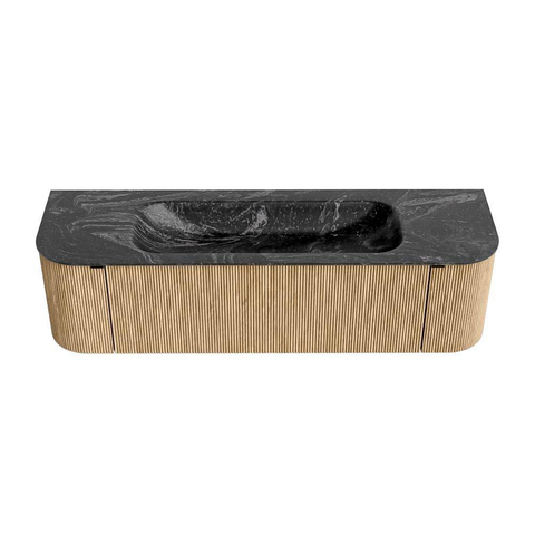 MONDIAZ KURVE-DLUX meuble de salle de bains 160 cm avec module 25 Len R couleur Chêne avec 1 tiroir et 2 portes. Lavabo BIG MEDIUM au milieu sans trou de robinet couleur Lava. SW1138159