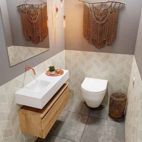 MONDIAZ ANDOR Meuble WC - 80x30x30cm - 0 trous de robinet - 1 tiroir - chêne blanchi mat - vasque à gauche - Solid surface - Blanc SW474266